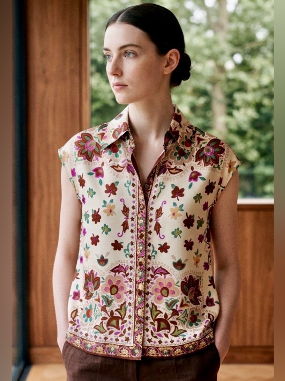 Maison D’Amelie Cap-Sleeve Button Front Floral Collared Satin Blouse XS